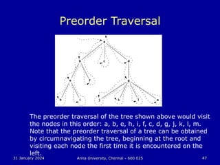 31 January 2024 Anna University, Chennai - 600 025 47
Preorder Traversal
The preorder traversal of the tree shown above would visit
the nodes in this order: a, b, e, h, i, f, c, d, g, j, k, l, m.
Note that the preorder traversal of a tree can be obtained
by circumnavigating the tree, beginning at the root and
visiting each node the first time it is encountered on the
left.
 