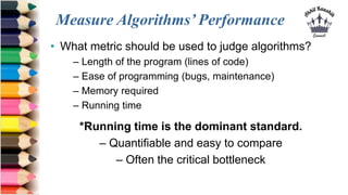Measure Algorithms’ Performance
• What metric should be used to judge algorithms?
– Length of the program (lines of code)
...