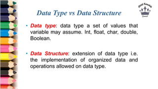 Data Type vs Data Structure
• Data type: data type a set of values that
variable may assume. Int, float, char, double,
Boo...