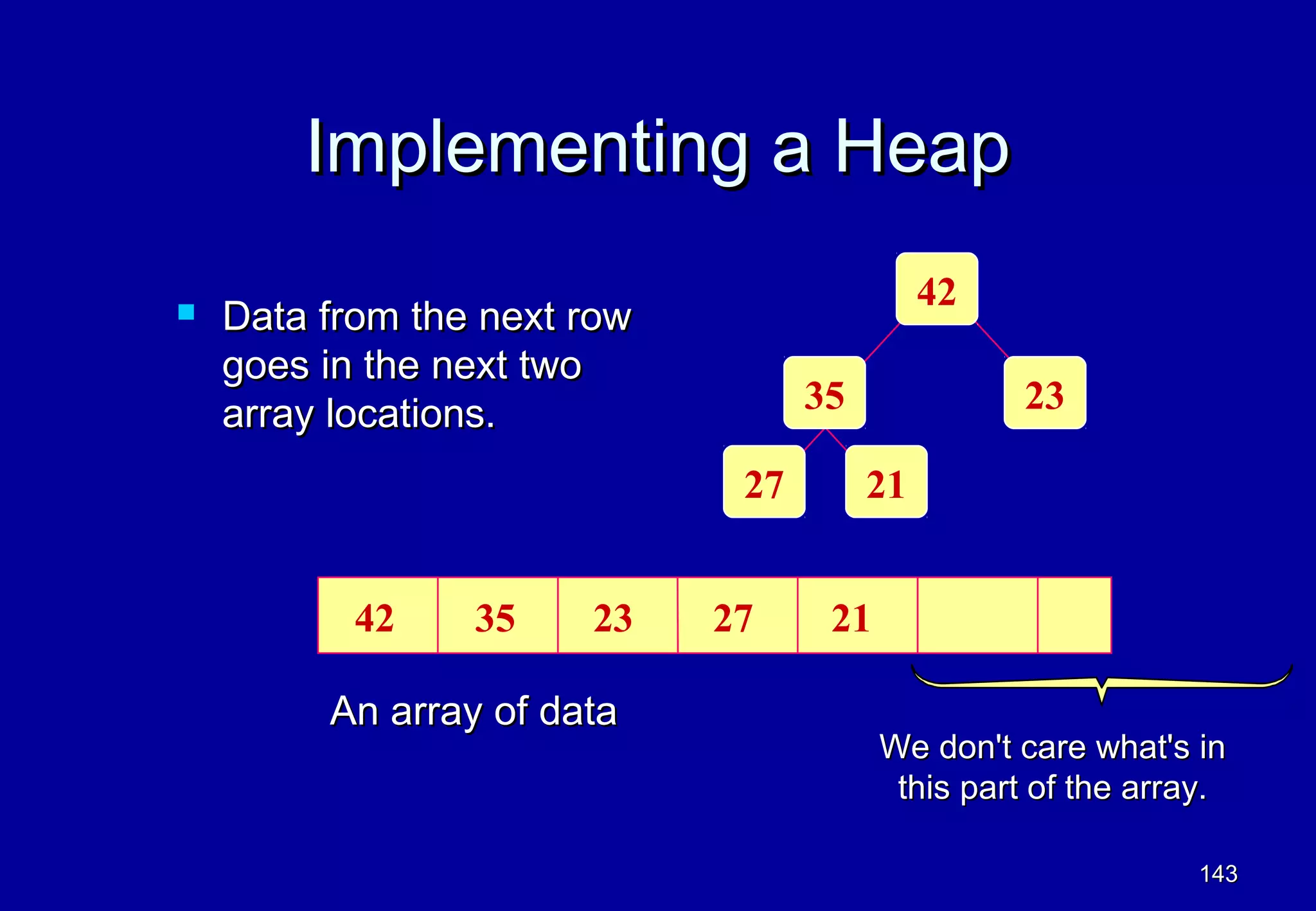 Implementing a Heap
                                             42
   Data from the next row
    goes in the next two
    array locations.               35              23

                              27        21


           42    35    23    27     21

         An array of data
                                         We don't care what's in
                                          this part of the array.

                                                               143
 
