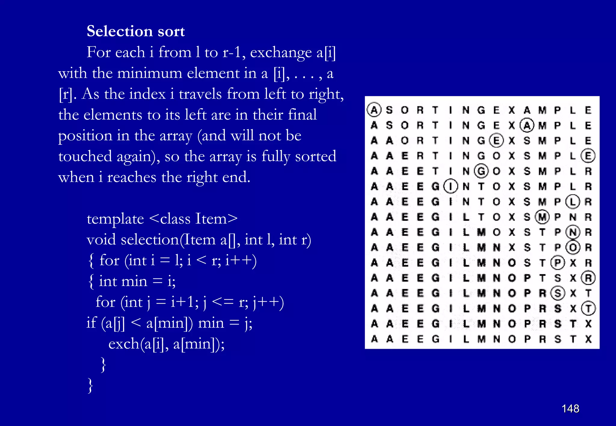 Selection sort
     For each i from l to r-1, exchange a[i]
with the minimum element in a [i], . . . , a
[r]. As the index i travels from left to right,
the elements to its left are in their final
position in the array (and will not be
touched again), so the array is fully sorted
when i reaches the right end.

    template <class Item>
    void selection(Item a[], int l, int r)
    { for (int i = l; i < r; i++)
    { int min = i;
      for (int j = i+1; j <= r; j++)
    if (a[j] < a[min]) min = j;
         exch(a[i], a[min]);
       }
    }
                                                  148
 