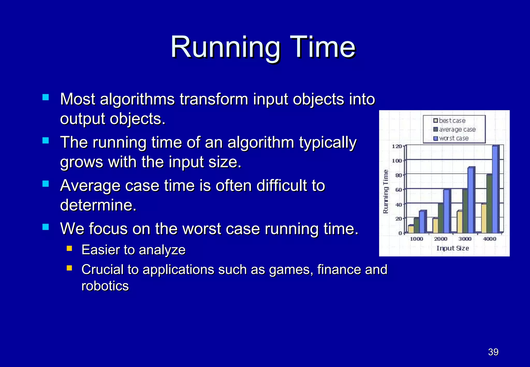 Running Time
   Most algorithms transform input objects into
    output objects.
   The running time of an algorithm typically
    grows with the input size.
   Average case time is often difficult to
    determine.
   We focus on the worst case running time.
       Easier to analyze
       Crucial to applications such as games, finance and
        robotics



                                                             39
 