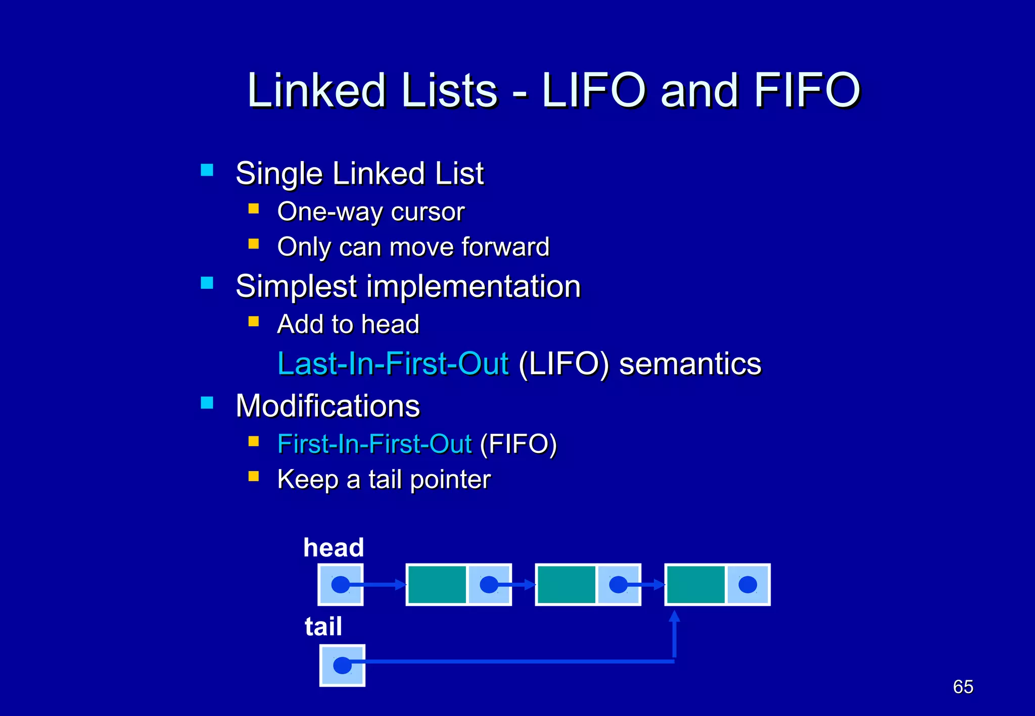 Linked Lists - LIFO and FIFO
   Single Linked List
       One-way cursor
       Only can move forward
   Simplest implementation
       Add to head
      Last-In-First-Out (LIFO) semantics
   Modifications
       First-In-First-Out (FIFO)
       Keep a tail pointer

          head

          tail

                                           65
 