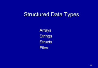 Structured Data Types

     Arrays
     Strings
     Structs
     Files



                        26
 