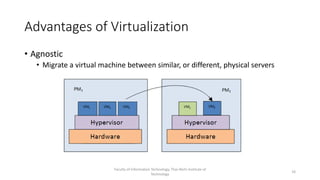 Advantages of Virtualization
• Agnostic
• Migrate a virtual machine between similar, or different, physical servers
Faculty of Information Technology, Thai-Nichi Institute of
Technology
10
 