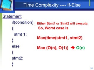 Time Complexity ---- If-Else
Statement
if(condition)
{
stmt 1;
}
else
{
stmt2;
}
30
Either Stmt1 or Stmt2 will execute.
So, Worst case is
Max(time(stmt1, stmt2)
Max (O(n), O(1))  O(n)
 