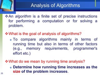 35
Analysis of Algorithms
An algorithm is a finite set of precise instructions
for performing a computation or for solving a
problem.
What is the goal of analysis of algorithms?
 To compare algorithms mainly in terms of
running time but also in terms of other factors
(e.g., memory requirements, programmer's
effort etc.)
What do we mean by running time analysis?
 Determine how running time increases as the
size of the problem increases.
 