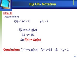 Big Oh- Notation
Step- III
Assume if n=3
f(3) = 24+7 = 31 g(3) = 3
f(2)<=15.g(2)
31 <= 45
So f(n) = Og(n)
Conclusion: f(n)<=c.g(n); for c=15 & n0 = 1
45
 