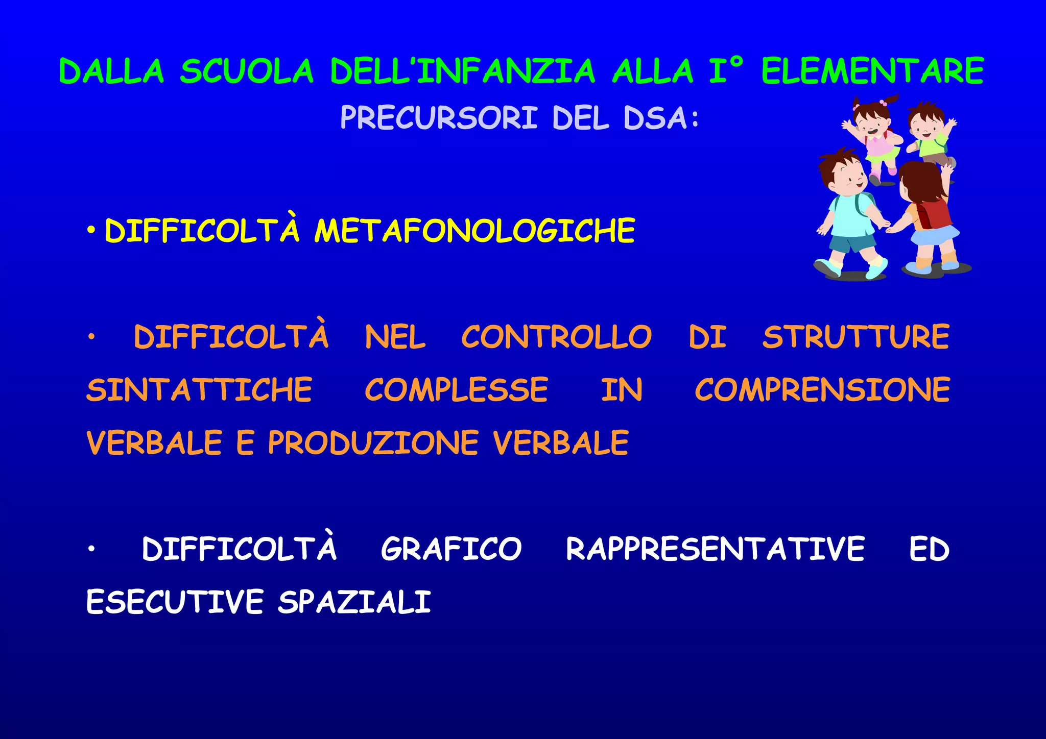DALLA SCUOLA DELL’INFANZIA ALLA I° ELEMENTARE
PRECURSORI DEL DSA:
• DIFFICOLTÀ METAFONOLOGICHE
• DIFFICOLTÀ NEL CONTROLLO DI STRUTTURE
SINTATTICHE COMPLESSE IN COMPRENSIONE
VERBALE E PRODUZIONE VERBALE
• DIFFICOLTÀ GRAFICO RAPPRESENTATIVE ED
ESECUTIVE SPAZIALI
 