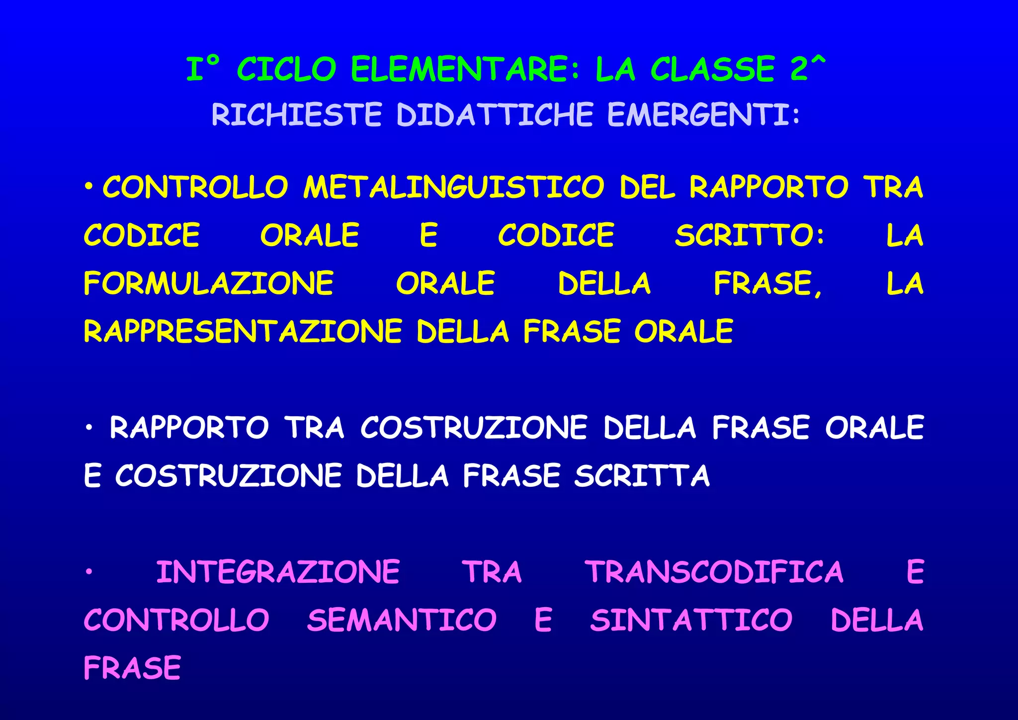I° CICLO ELEMENTARE: LA CLASSE 2^
RICHIESTE DIDATTICHE EMERGENTI:
• CONTROLLO METALINGUISTICO DEL RAPPORTO TRA
CODICE ORALE E CODICE SCRITTO: LA
FORMULAZIONE ORALE DELLA FRASE, LA
RAPPRESENTAZIONE DELLA FRASE ORALE
• RAPPORTO TRA COSTRUZIONE DELLA FRASE ORALE
E COSTRUZIONE DELLA FRASE SCRITTA
• INTEGRAZIONE TRA TRANSCODIFICA E
CONTROLLO SEMANTICO E SINTATTICO DELLA
FRASE
 