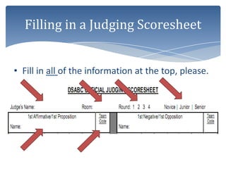 Filling in a Judging Scoresheet


• Fill in all of the information at the top, please.
 