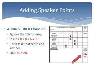 Adding Speaker Points


• ADDING TRICK EXAMPLE
 • Ignore the 10s for now.
 • 7 + 7 + 8 + 8 + 6 = 36
 • Then take that score and
   add 50.
 • 36 + 50 = 86                  86
 