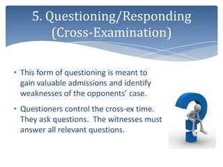5. Questioning/Responding
         (Cross-Examination)

• This form of questioning is meant to
  gain valuable admissions and identify
  weaknesses of the opponents’ case.
• Questioners control the cross-ex time.
  They ask questions. The witnesses must
  answer all relevant questions.
 