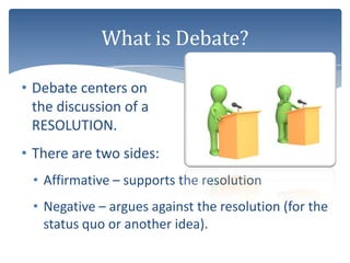 What is Debate?

• Debate centers on
  the discussion of a
  RESOLUTION.
• There are two sides:
 • Affirmative – supports the resolution
 • Negative – argues against the resolution (for the
   status quo or another idea).
 