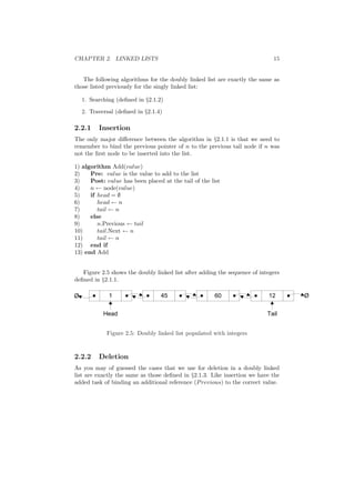 CHAPTER 2. LINKED LISTS 15
The following algorithms for the doubly linked list are exactly the same as
those listed previously for the singly linked list:
1. Searching (deﬁned in §2.1.2)
2. Traversal (deﬁned in §2.1.4)
2.2.1 Insertion
The only major diﬀerence between the algorithm in §2.1.1 is that we need to
remember to bind the previous pointer of n to the previous tail node if n was
not the ﬁrst node to be inserted into the list.
1) algorithm Add(value)
2) Pre: value is the value to add to the list
3) Post: value has been placed at the tail of the list
4) n ← node(value)
5) if head = ∅
6) head ← n
7) tail ← n
8) else
9) n.Previous ← tail
10) tail.Next ← n
11) tail ← n
12) end if
13) end Add
Figure 2.5 shows the doubly linked list after adding the sequence of integers
deﬁned in §2.1.1.
Figure 2.5: Doubly linked list populated with integers
2.2.2 Deletion
As you may of guessed the cases that we use for deletion in a doubly linked
list are exactly the same as those deﬁned in §2.1.3. Like insertion we have the
added task of binding an additional reference (Previous) to the correct value.
 