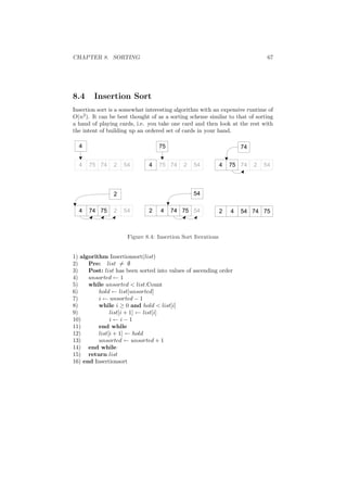 CHAPTER 8. SORTING 67
8.4 Insertion Sort
Insertion sort is a somewhat interesting algorithm with an expensive runtime of
O(n2
). It can be best thought of as a sorting scheme similar to that of sorting
a hand of playing cards, i.e. you take one card and then look at the rest with
the intent of building up an ordered set of cards in your hand.
#%%# #%%# #%%#
%
#%#%
%#
#%#%
#
%#%#

Figure 8.4: Insertion Sort Iterations
1) algorithm Insertionsort(list)
2) Pre: list = ∅
3) Post: list has been sorted into values of ascending order
4) unsorted ← 1
5) while unsorted  list.Count
6) hold ← list[unsorted]
7) i ← unsorted − 1
8) while i ≥ 0 and hold  list[i]
9) list[i + 1] ← list[i]
10) i ← i − 1
11) end while
12) list[i + 1] ← hold
13) unsorted ← unsorted + 1
14) end while
15) return list
16) end Insertionsort
 
