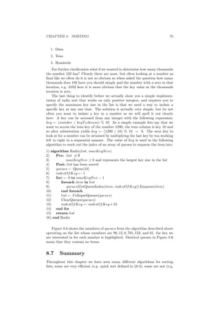 CHAPTER 8. SORTING 70
1. Ones
2. Tens
3. Hundreds
For further clariﬁcation what if we wanted to determine how many thousands
the number 102 has? Clearly there are none, but often looking at a number as
ﬁnal like we often do it is not so obvious so when asked the question how many
thousands does 102 have you should simply pad the number with a zero in that
location, e.g. 0102 here it is more obvious that the key value at the thousands
location is zero.
The last thing to identify before we actually show you a simple implemen-
tation of radix sort that works on only positive integers, and requires you to
specify the maximum key size in the list is that we need a way to isolate a
speciﬁc key at any one time. The solution is actually very simple, but its not
often you want to isolate a key in a number so we will spell it out clearly
here. A key can be accessed from any integer with the following expression:
key ← (number / keyToAccess) % 10. As a simple example lets say that we
want to access the tens key of the number 1290, the tens column is key 10 and
so after substitution yields key ← (1290 / 10) % 10 = 9. The next key to
look at for a number can be attained by multiplying the last key by ten working
left to right in a sequential manner. The value of key is used in the following
algorithm to work out the index of an array of queues to enqueue the item into.
1) algorithm Radix(list, maxKeySize)
2) Pre: list = ∅
3) maxKeySize ≥ 0 and represents the largest key size in the list
4) Post: list has been sorted
5) queues ← Queue[10]
6) indexOfKey ← 1
7) fori ← 0 to maxKeySize − 1
8) foreach item in list
9) queues[GetQueueIndex(item, indexOfKey)].Enqueue(item)
10) end foreach
11) list ← CollapseQueues(queues)
12) ClearQueues(queues)
13) indexOfKey ← indexOfKey ∗ 10
14) end for
15) return list
16) end Radix
Figure 8.6 shows the members of queues from the algorithm described above
operating on the list whose members are 90, 12, 8, 791, 123, and 61, the key we
are interested in for each number is highlighted. Omitted queues in Figure 8.6
mean that they contain no items.
8.7 Summary
Throughout this chapter we have seen many diﬀerent algorithms for sorting
lists, some are very eﬃcient (e.g. quick sort deﬁned in §8.3), some are not (e.g.
 