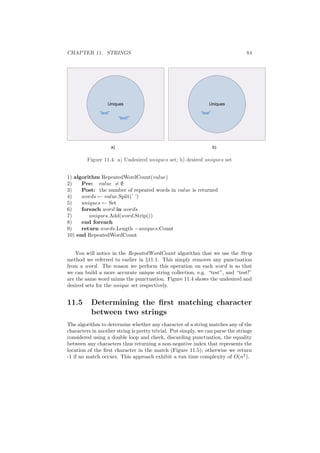 CHAPTER 11. STRINGS 84
Figure 11.4: a) Undesired uniques set; b) desired uniques set
1) algorithm RepeatedWordCount(value)
2) Pre: value = ∅
3) Post: the number of repeated words in value is returned
4) words ← value.Split(’ ’)
5) uniques ← Set
6) foreach word in words
7) uniques.Add(word.Strip())
8) end foreach
9) return words.Length −uniques.Count
10) end RepeatedWordCount
You will notice in the RepeatedWordCount algorithm that we use the Strip
method we referred to earlier in §11.1. This simply removes any punctuation
from a word. The reason we perform this operation on each word is so that
we can build a more accurate unique string collection, e.g. “test”, and “test!”
are the same word minus the punctuation. Figure 11.4 shows the undesired and
desired sets for the unique set respectively.
11.5 Determining the ﬁrst matching character
between two strings
The algorithm to determine whether any character of a string matches any of the
characters in another string is pretty trivial. Put simply, we can parse the strings
considered using a double loop and check, discarding punctuation, the equality
between any characters thus returning a non-negative index that represents the
location of the ﬁrst character in the match (Figure 11.5); otherwise we return
-1 if no match occurs. This approach exhibit a run time complexity of O(n2
).
 