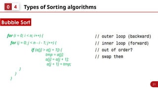 21
Types of Sorting algorithms
0 4
for (i = 0; i < n; i++) {
for (j = 0; j < n - i - 1; j++) {
if (a[j] > a[j + 1]) {
tmp = a[j];
a[j] = a[j + 1];
a[j + 1] = tmp;
}
}
}
Bubble Sort
 