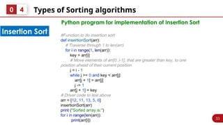 33
Types of Sorting algorithms
0 4
Insertion Sort #Function to do insertion sort
def insertionSort(arr):
# Traverse through 1 to len(arr)
for i in range(1, len(arr)):
key = arr[i]
# Move elements of arr[0..i-1], that are greater than key, to one
position ahead of their current position
j = i - 1
while j >= 0 and key < arr[j]:
arr[j + 1] = arr[j]
j -= 1
arr[j + 1] = key
# Driver code to test above
arr = [12, 11, 13, 5, 6]
insertionSort(arr)
print ("Sorted array is:")
for i in range(len(arr)):
print(arr[i])
Python program for implementation of Insertion Sort
 