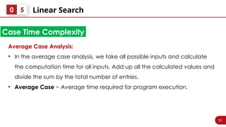 51
Linear Search
0 5
Average Case Analysis:
• In the average case analysis, we take all possible inputs and calculate
the computation time for all inputs. Add up all the calculated values ​
​
and
divide the sum by the total number of entries.
• Average Case − Average time required for program execution.
Case Time Complexity
 