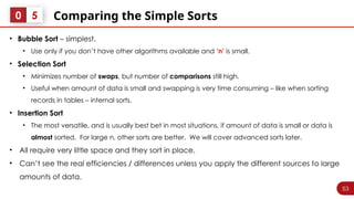 53
Comparing the Simple Sorts
0 5
• Bubble Sort – simplest.
• Use only if you don’t have other algorithms available and ‘n’ is small.
• Selection Sort
• Minimizes number of swaps, but number of comparisons still high.
• Useful when amount of data is small and swapping is very time consuming – like when sorting
records in tables – internal sorts.
• Insertion Sort
• The most versatile, and is usually best bet in most situations, if amount of data is small or data is
almost sorted. For large n, other sorts are better. We will cover advanced sorts later.
• All require very little space and they sort in place.
• Can’t see the real efficiencies / differences unless you apply the different sources to large
amounts of data.
 