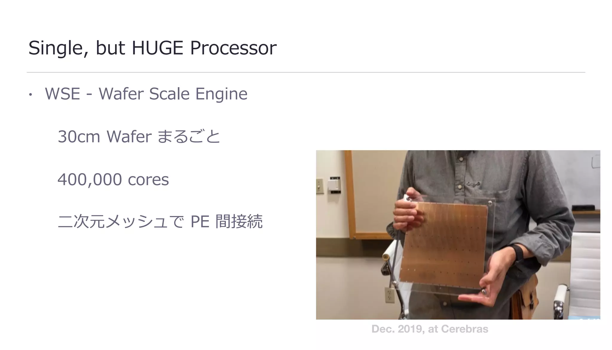 Single, but HUGE Processor
• WSE - Wafer Scale Engine
30cm Wafer まるごと
400,000 cores
⼆次元メッシュで PE 間接続
Dec. 2019, at Cerebras
 