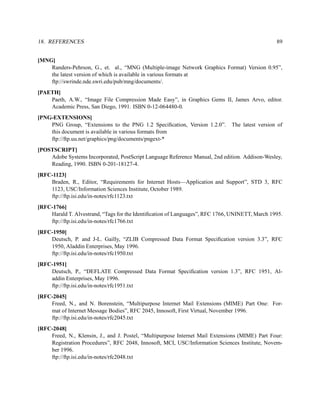 18. REFERENCES                                                                                  89


[MNG]
    Randers-Pehrson, G., et. al., “MNG (Multiple-image Network Graphics Format) Version 0.95”,
    the latest version of which is available in various formats at
    ftp://swrinde.nde.swri.edu/pub/mng/documents/.
[PAETH]
    Paeth, A.W., “Image File Compression Made Easy”, in Graphics Gems II, James Arvo, editor.
    Academic Press, San Diego, 1991. ISBN 0-12-064480-0.
[PNG-EXTENSIONS]
    PNG Group, “Extensions to the PNG 1.2 Speciﬁcation, Version 1.2.0”.       The latest version of
    this document is available in various formats from
    ftp://ftp.uu.net/graphics/png/documents/pngext-*
[POSTSCRIPT]
    Adobe Systems Incorporated, PostScript Language Reference Manual, 2nd edition. Addison-Wesley,
    Reading, 1990. ISBN 0-201-18127-4.
[RFC-1123]
    Braden, R., Editor, “Requirements for Internet Hosts—Application and Support”, STD 3, RFC
    1123, USC/Information Sciences Institute, October 1989.
    ftp://ftp.isi.edu/in-notes/rfc1123.txt
[RFC-1766]
    Harald T. Alvestrand, “Tags for the Identiﬁcation of Languages”, RFC 1766, UNINETT, March 1995.
    ftp://ftp.isi.edu/in-notes/rfc1766.txt
[RFC-1950]
    Deutsch, P. and J-L. Gailly, “ZLIB Compressed Data Format Speciﬁcation version 3.3”, RFC
    1950, Aladdin Enterprises, May 1996.
    ftp://ftp.isi.edu/in-notes/rfc1950.txt
[RFC-1951]
    Deutsch, P., “DEFLATE Compressed Data Format Speciﬁcation version 1.3”, RFC 1951, Al-
    addin Enterprises, May 1996.
    ftp://ftp.isi.edu/in-notes/rfc1951.txt
[RFC-2045]
    Freed, N., and N. Borenstein, “Multipurpose Internet Mail Extensions (MIME) Part One: For-
    mat of Internet Message Bodies”, RFC 2045, Innosoft, First Virtual, November 1996.
    ftp://ftp.isi.edu/in-notes/rfc2045.txt
[RFC-2048]
    Freed, N., Klensin, J., and J. Postel, “Multipurpose Internet Mail Extensions (MIME) Part Four:
    Registration Procedures”, RFC 2048, Innosoft, MCI, USC/Information Sciences Institute, Novem-
    ber 1996.
    ftp://ftp.isi.edu/in-notes/rfc2048.txt
 
