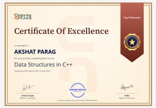 is awarded to
AKSHAT PARAG
for successfully completing the course
Data Structures in C++
conducted from March 2021 to July 2021
Ankush Singla
Mentor / Instructor
Nidhi
Mentor / Instructor
certificate.codingninjas.com/verify/97cf4454a414b5ee
 