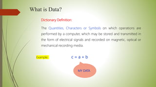 What is Data?
Dictionary Definition:
The Quantities, Characters or Symbols on which operations are
performed by a computer, which may be stored and transmitted in
the form of electrical signals and recorded on magnetic, optical or
mechanical recording media.
Example: c = a + b
MY DATA
 