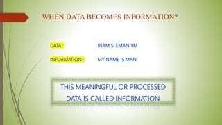WHEN DATA BECOMES INFORMATION?
DATA : INAM SI EMAN YM
INFORMATION : MY NAME IS MANI
THIS MEANINGFUL OR PROCESSED
DATA IS CALLED INFORMATION
 