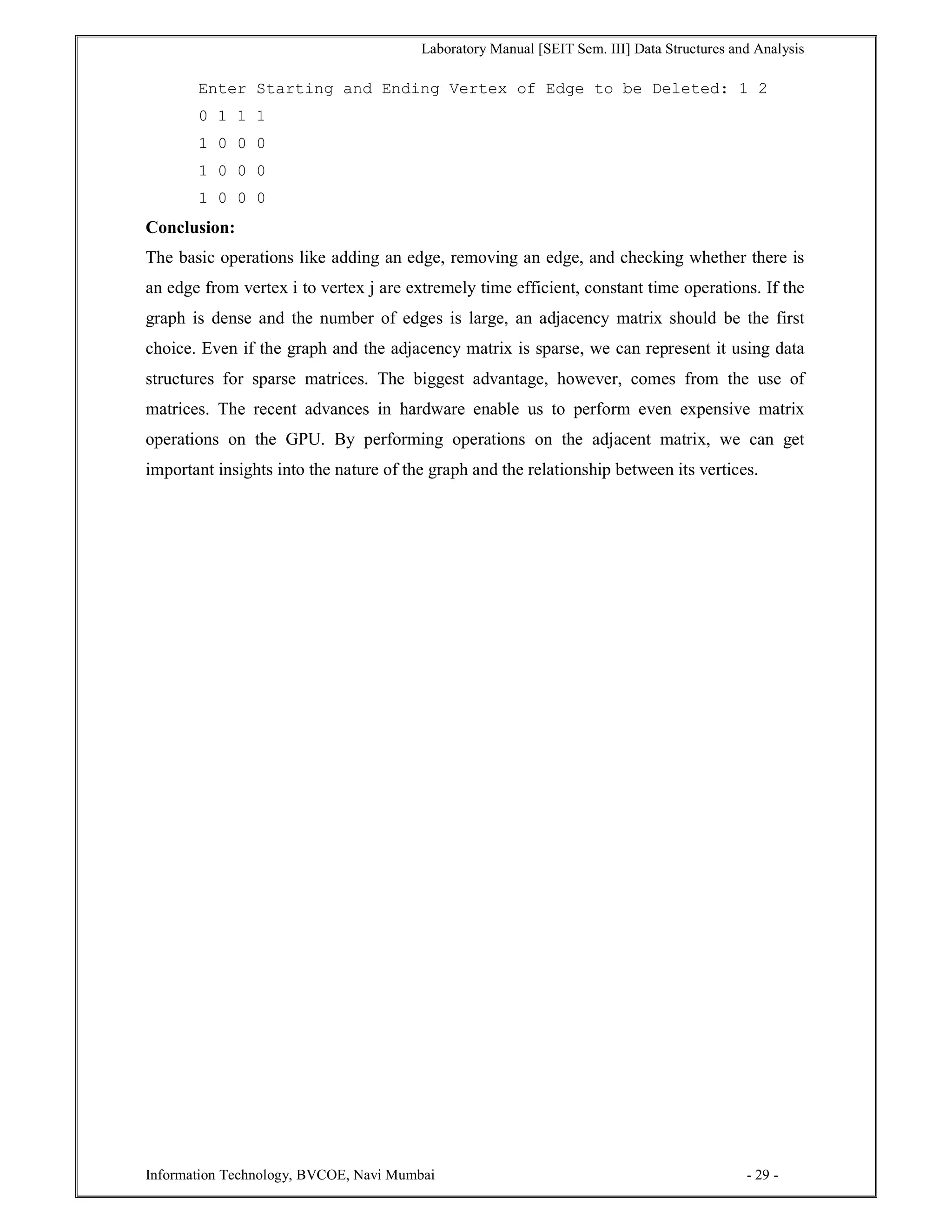 Laboratory Manual [SEIT Sem. III] Data Structures and Analysis
Information Technology, BVCOE, Navi Mumbai - 29 -
Enter Starting and Ending Vertex of Edge to be Deleted: 1 2
0 1 1 1
1 0 0 0
1 0 0 0
1 0 0 0
Conclusion:
The basic operations like adding an edge, removing an edge, and checking whether there is
an edge from vertex i to vertex j are extremely time efficient, constant time operations. If the
graph is dense and the number of edges is large, an adjacency matrix should be the first
choice. Even if the graph and the adjacency matrix is sparse, we can represent it using data
structures for sparse matrices. The biggest advantage, however, comes from the use of
matrices. The recent advances in hardware enable us to perform even expensive matrix
operations on the GPU. By performing operations on the adjacent matrix, we can get
important insights into the nature of the graph and the relationship between its vertices.
 