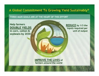 A Global Commitment To Growing Yield Sustainably®
THREE MAIN GOALS ARE AT THE HEART OF THIS EFFORT


Help farmers                                   REDUCE by 1/3 the
DOUBLE YIELDS                                  inputs required per
in corn, cotton &                                   unit of output
soybeans by 2030




                    IMPROVE THE LIVES of
                    farmers around the world
 