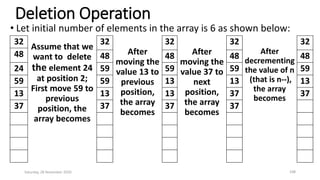 Deletion Operation
32
Assume that we
want to delete
the element 24
at position 2;
First move 59 to
previous
position, the
array becomes
32
After
moving the
value 13 to
previous
position,
the array
becomes
32
After
moving the
value 37 to
next
position,
the array
becomes
32
After
decrementing
the value of n
(that is n--),
the array
becomes
32
48 48 48 48 48
24 59 59 59 59
59 59 13 13 13
13 13 13 37 37
37 37 37 37
Saturday, 28 November 2020 108
• Let initial number of elements in the array is 6 as shown below:
 