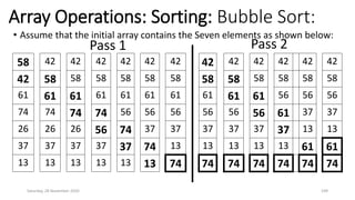 Array Operations: Sorting: Bubble Sort:
• Assume that the initial array contains the Seven elements as shown below:
Saturday, 28 November 2020 109
58 42 42 42 42 42 42 42 42 42 42 42 42
42 58 58 58 58 58 58 58 58 58 58 58 58
61 61 61 61 61 61 61 61 61 61 56 56 56
74 74 74 74 56 56 56 56 56 56 61 37 37
26 26 26 56 74 37 37 37 37 37 37 13 13
37 37 37 37 37 74 13 13 13 13 13 61 61
13 13 13 13 13 13 74 74 74 74 74 74 74
Pass 1 Pass 2
 