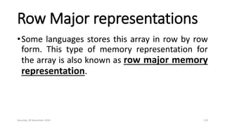 Row Major representations
•Some languages stores this array in row by row
form. This type of memory representation for
the array is also known as row major memory
representation.
Saturday, 28 November 2020 119
 