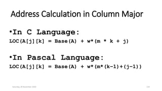 Address Calculation in Column Major
•In C Language:
LOC(A[j][k] = Base(A) + w*(m * k + j)
•In Pascal Language:
LOC(A[j][k] = Base(A) + w*(m*(k–1)+(j–1))
Saturday, 28 November 2020 124
 