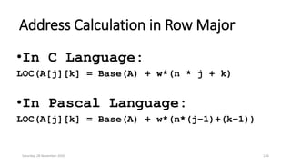 Address Calculation in Row Major
•In C Language:
LOC(A[j][k] = Base(A) + w*(n * j + k)
•In Pascal Language:
LOC(A[j][k] = Base(A) + w*(n*(j–1)+(k–1))
Saturday, 28 November 2020 126
 
