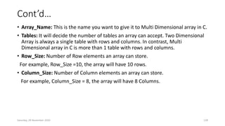 Cont’d…
• Array_Name: This is the name you want to give it to Multi Dimensional array in C.
• Tables: It will decide the number of tables an array can accept. Two Dimensional
Array is always a single table with rows and columns. In contrast, Multi
Dimensional array in C is more than 1 table with rows and columns.
• Row_Size: Number of Row elements an array can store.
For example, Row_Size =10, the array will have 10 rows.
• Column_Size: Number of Column elements an array can store.
For example, Column_Size = 8, the array will have 8 Columns.
Saturday, 28 November 2020 128
 