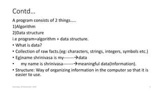 Contd…
A program consists of 2 things…..
1)Algorithm
2)Data structure
i.e program=algorithm + data structure.
• What is data?
• Collection of raw facts.(eg: characters, strings, integers, symbols etc.)
• Eg)name shrinivasa is my-------data
• my name is shrinivasa-------meaningful data(Information).
• Structure: Way of organizing information in the computer so that it is
easier to use.
Saturday, 28 November 2020 5
 