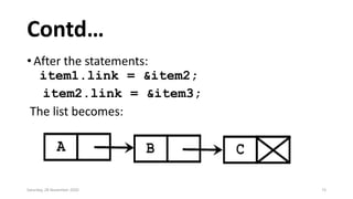 Contd…
• After the statements:
item1.link = &item2;
item2.link = &item3;
The list becomes:
Saturday, 28 November 2020 73
 