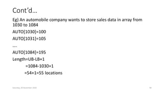 Cont’d…
Eg) An automobile company wants to store sales data in array from
1030 to 1084
AUTO[1030]=100
AUTO[1031]=105
….
AUTO[1084]=195
Length=UB-LB+1
=1084-1030+1
=54+1=55 locations
Saturday, 28 November 2020 90
 