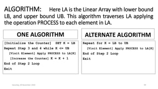 ALGORITHM: Here LA is the Linear Array with lower bound
LB, and upper bound UB. This algorithm traverses LA applying
the operation PROCESS to each element in LA.
ONE ALGORITHM
[Initialize the Counter] SET K = LB
Repeat Step 3 and 4 while K <= UB
[Visit Element] Apply PROCESS to LA[K]
[Increase the Counter] K = K + 1
End of Step 2 Loop
Exit
ALTERNATE ALGORITHM
Repeat for K = LB to UB
[Visit Element] Apply PROCESS to LA[K]
End of Step 2 Loop
Exit
Saturday, 28 November 2020 99
 