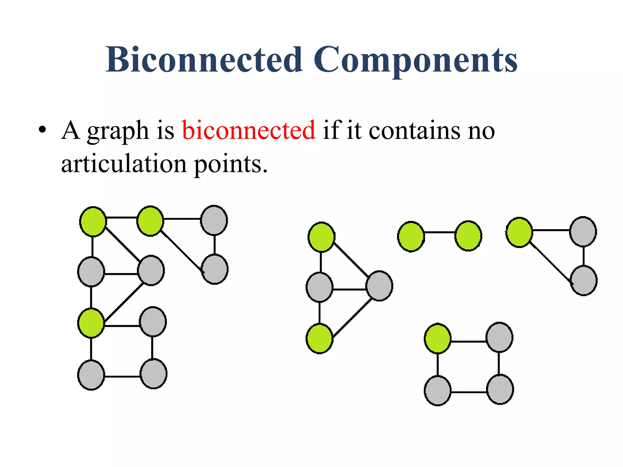 Biconnected Components
• A graph is biconnected if it contains no
articulation points.
 