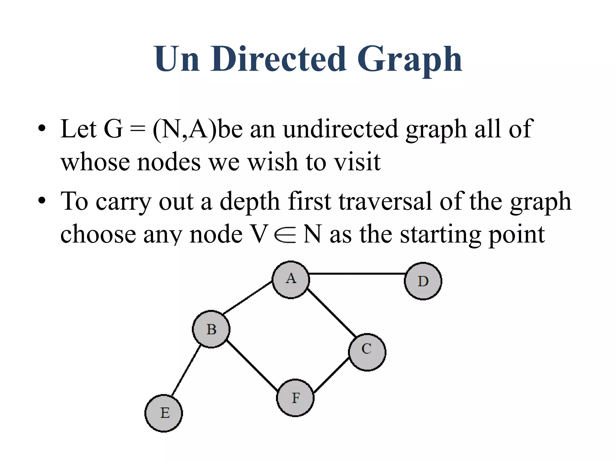 Un Directed Graph
• Let G = (N,A)be an undirected graph all of
whose nodes we wish to visit
• To carry out a depth first traversal of the graph
choose any node V N as the starting point
 