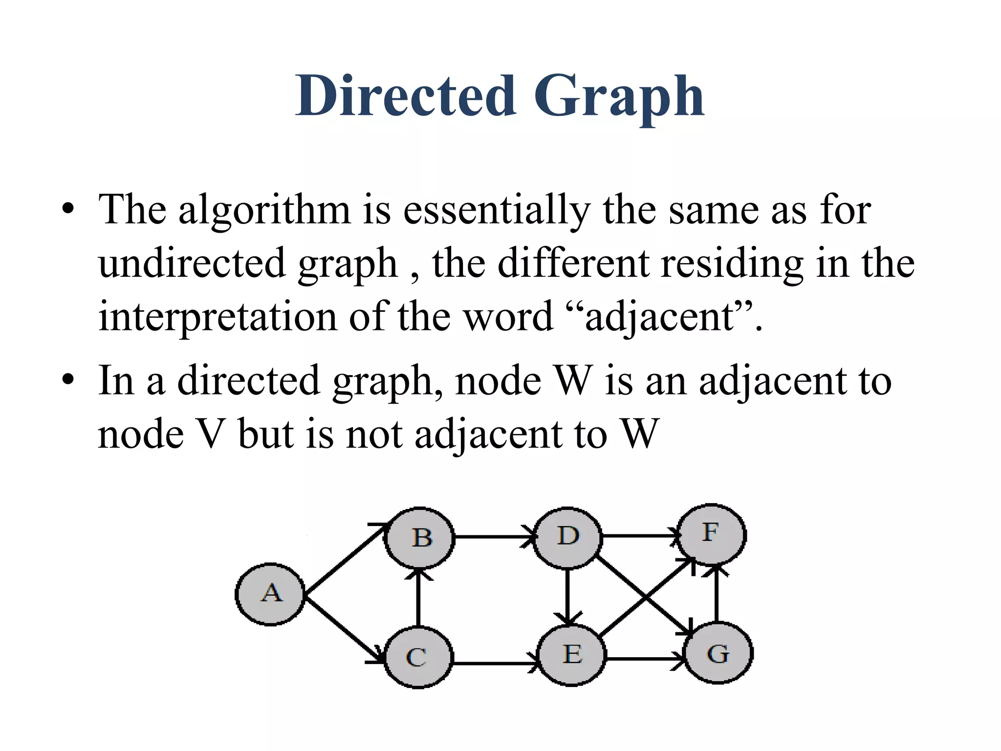 Directed Graph
• The algorithm is essentially the same as for
undirected graph , the different residing in the
interpretation of the word “adjacent”.
• In a directed graph, node W is an adjacent to
node V but is not adjacent to W
 