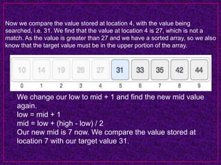 Now we compare the value stored at location 4, with the value being
searched, i.e. 31. We find that the value at location 4 is 27, which is not a
match. As the value is greater than 27 and we have a sorted array, so we also
know that the target value must be in the upper portion of the array.
We change our low to mid + 1 and find the new mid value
again.
low = mid + 1
mid = low + (high - low) / 2
Our new mid is 7 now. We compare the value stored at
location 7 with our target value 31.
 