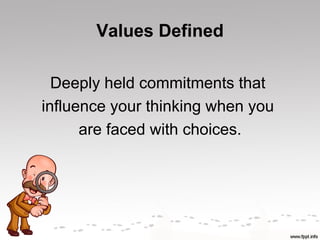 Values Defined

  Deeply held commitments that
influence your thinking when you
      are faced with choices.
 