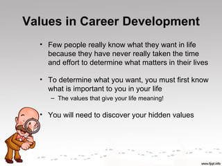 Values in Career Development
  • Few people really know what they want in life
    because they have never really taken the time
    and effort to determine what matters in their lives

  • To determine what you want, you must first know
    what is important to you in your life
     – The values that give your life meaning!

  • You will need to discover your hidden values
 