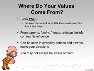 Where Do Your Values
     Come From?
• From YOU!!
   – People choose and formulate their values as they
     direct their lives

• From parents, family, friends, religious beliefs,
  community influence
• Can be seen in everyday actions and how you
  make your decisions

• You may not always be aware of them
 